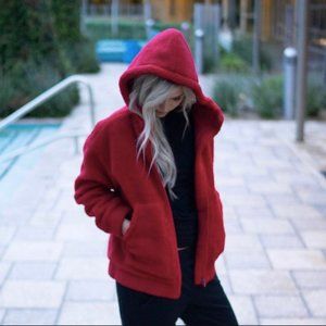 Women M Fabletics Lotta Full Zip Hoodie Sherpa Teddy Fleece Red Jacket Coat